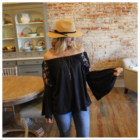 Infinity Raine Tops - Black Embroidered faux suede off shoulder tunic
